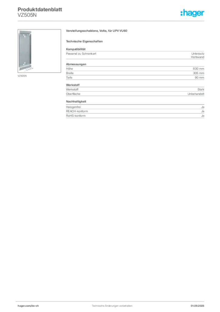 Bild Hager Produktdatenblatt VZ505N | Hager Schweiz