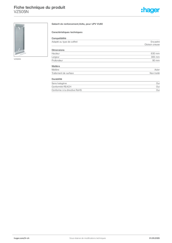 Image Hager Fiche technique du produit VZ505N | Hager Suisse