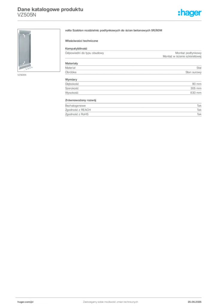 Zdjęcie Hager Karta katalogowa VZ505N | Hager Polska
