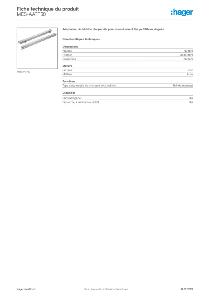 Image Hager Fiche technique du produit MES-AATF50 | Hager Suisse