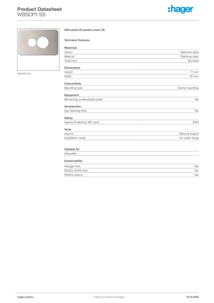 Image Hager Product data sheet WBSCP1-SS  | Hager New Zealand