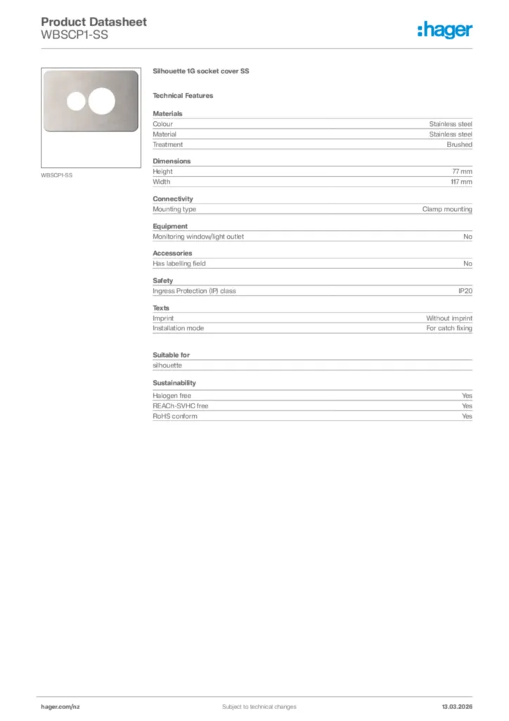 Image Hager Product data sheet WBSCP1-SS  | Hager New Zealand