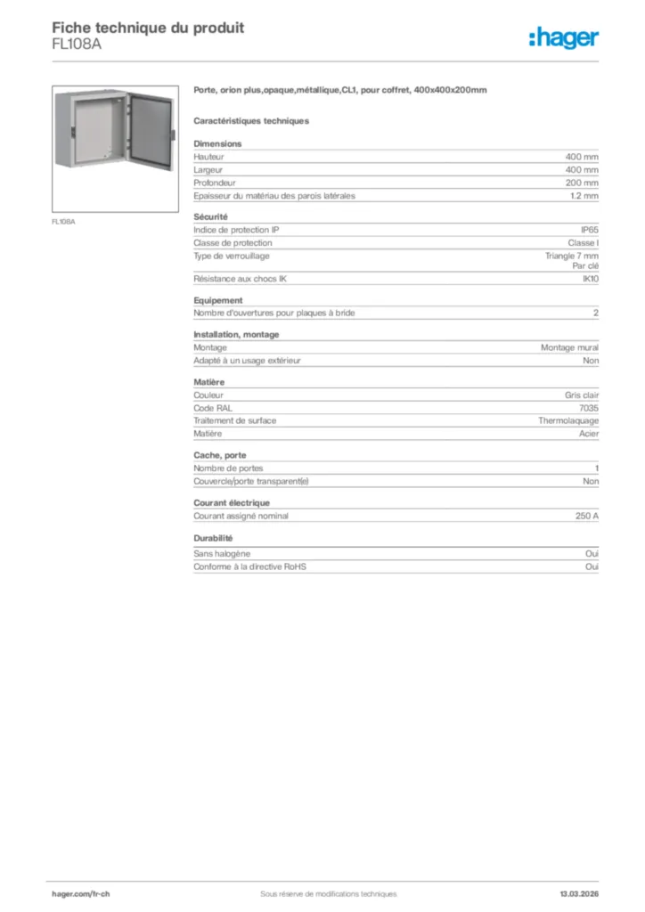 Image Hager Fiche technique du produit FL108A | Hager Suisse