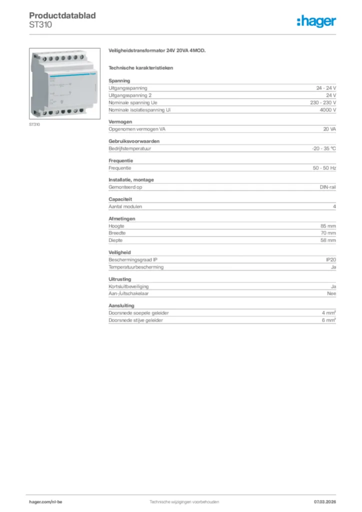 Afbeelding Hager Productdatablad ST310 | Hager Belgium