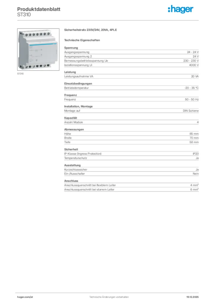 Bild Hager Produktdatenblatt ST310 | Hager Deutschland