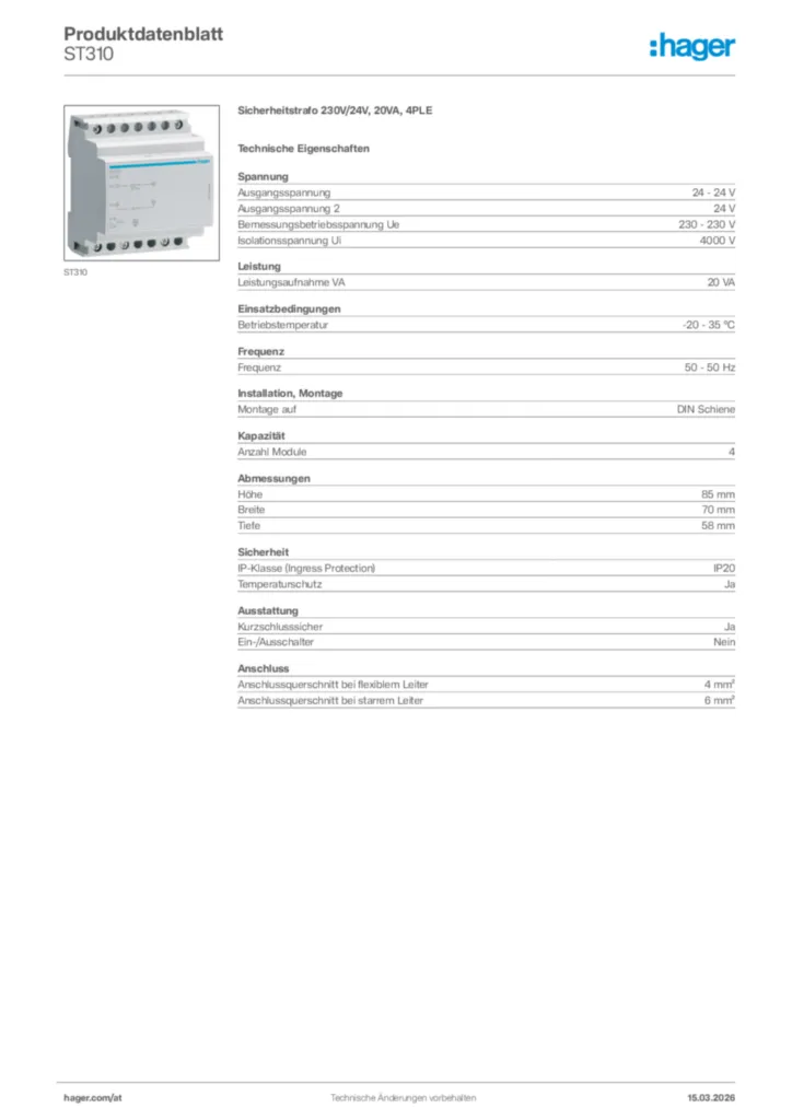 Bild Hager Produktdatenblatt ST310 | Hager Deutschland