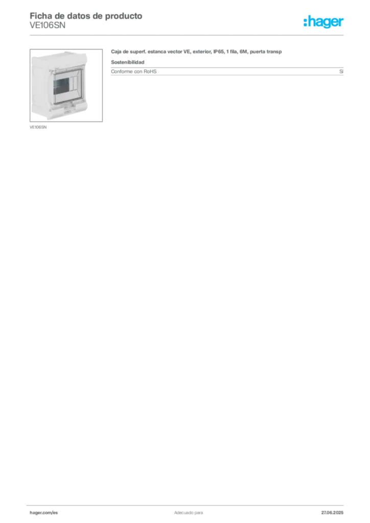 Imagen Hager Ficha de datos de producto VE106SN | Hager España
