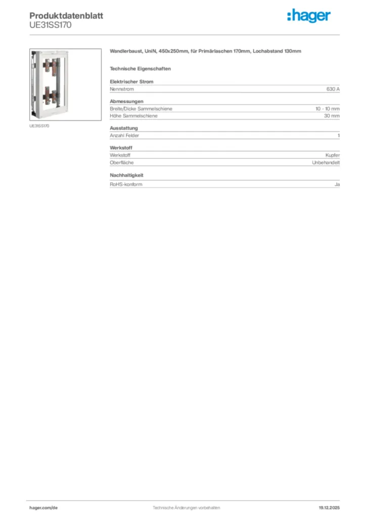 Bild Hager Produktdatenblatt UE31SS170 | Hager Deutschland