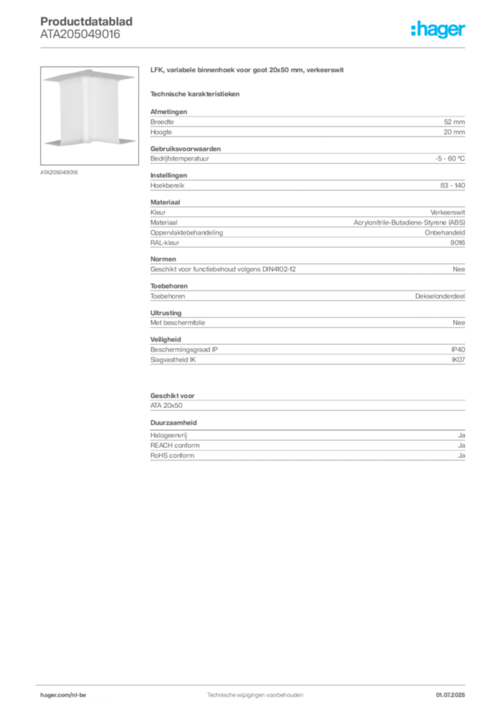 Afbeelding Hager Productdatablad ATA205049016 | Hager Belgium