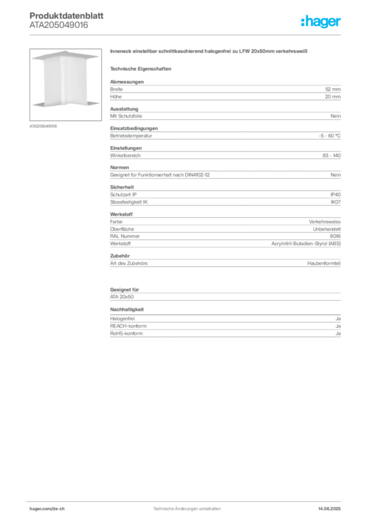Bild Hager Produktdatenblatt ATA205049016 | Hager Schweiz