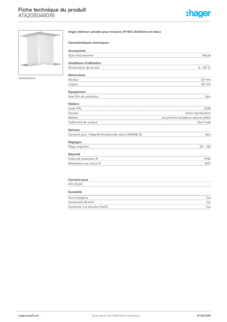 Image Hager Fiche technique du produit ATA205049016 | Hager Suisse