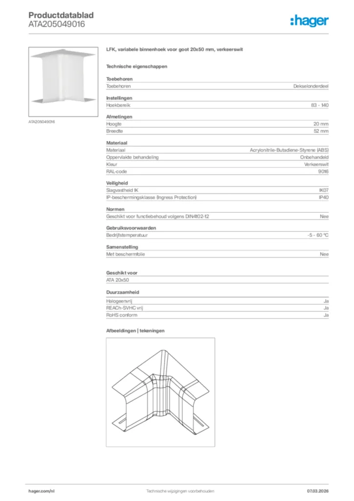 Afbeelding Hager Productdatablad ATA205049016 | Hager Nederland