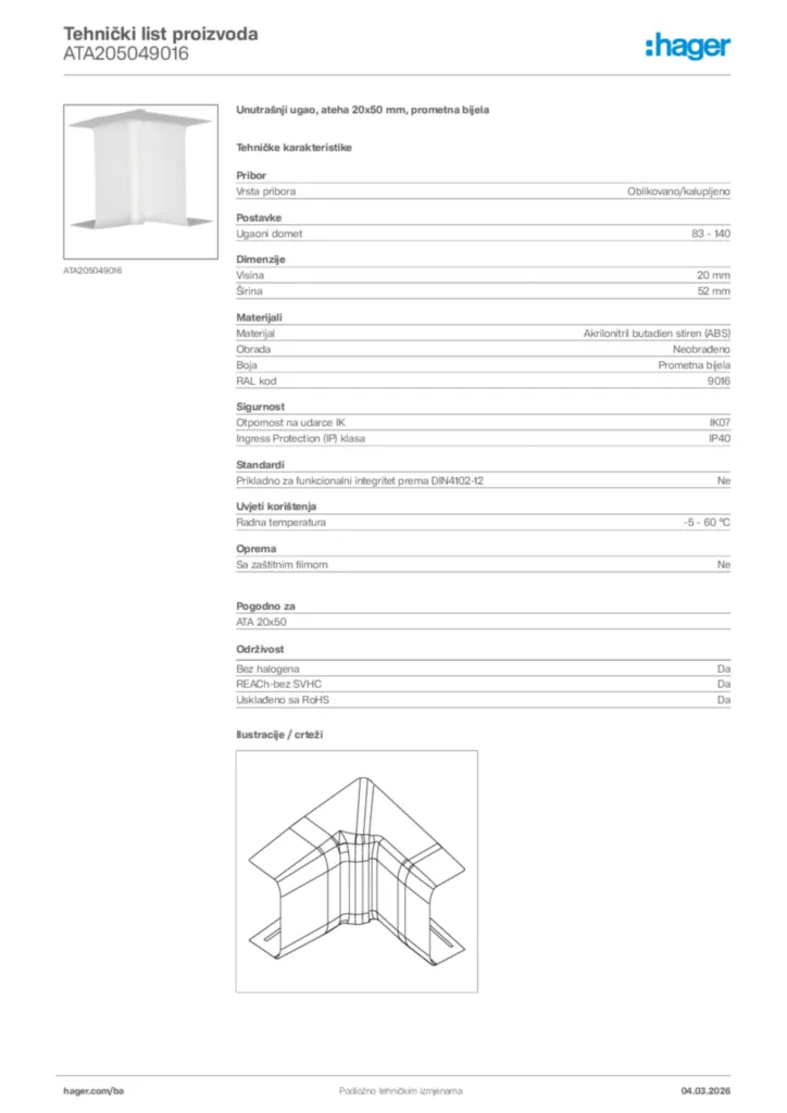 Slika Hager Tehnički list proizvoda ATA205049016  | Hager