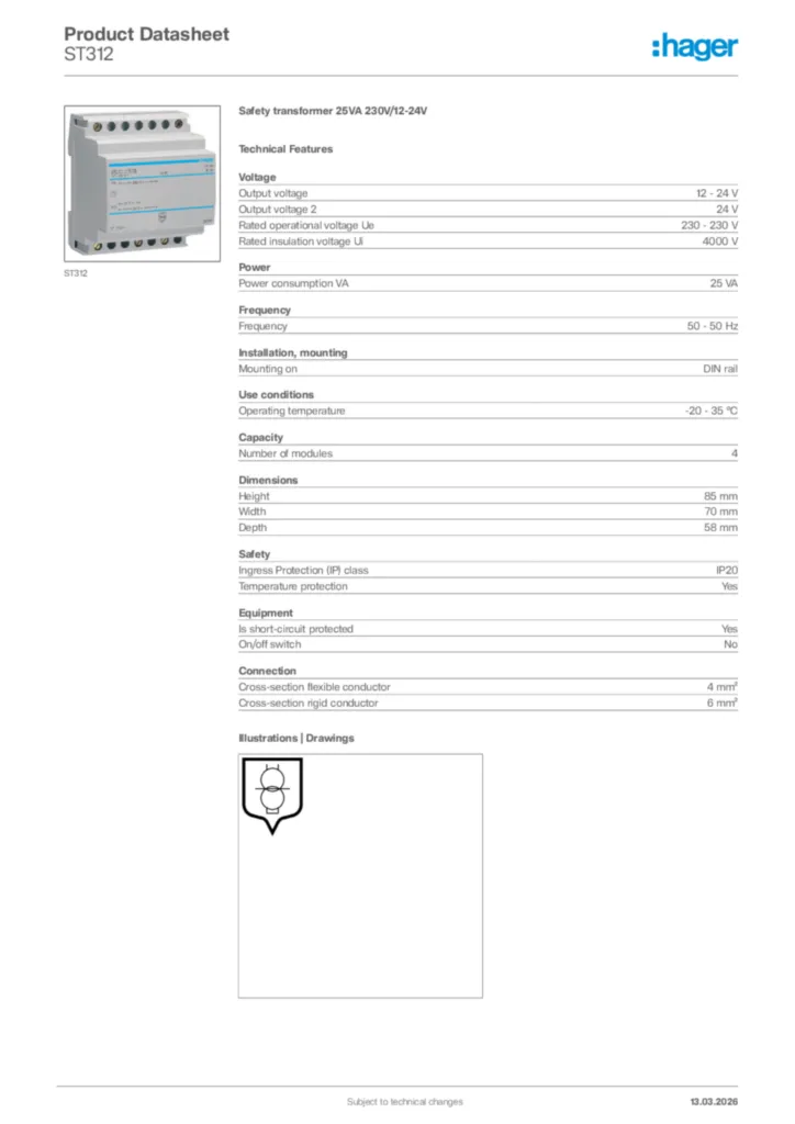 Image Hager Product data sheet ST312  | Hager Africa