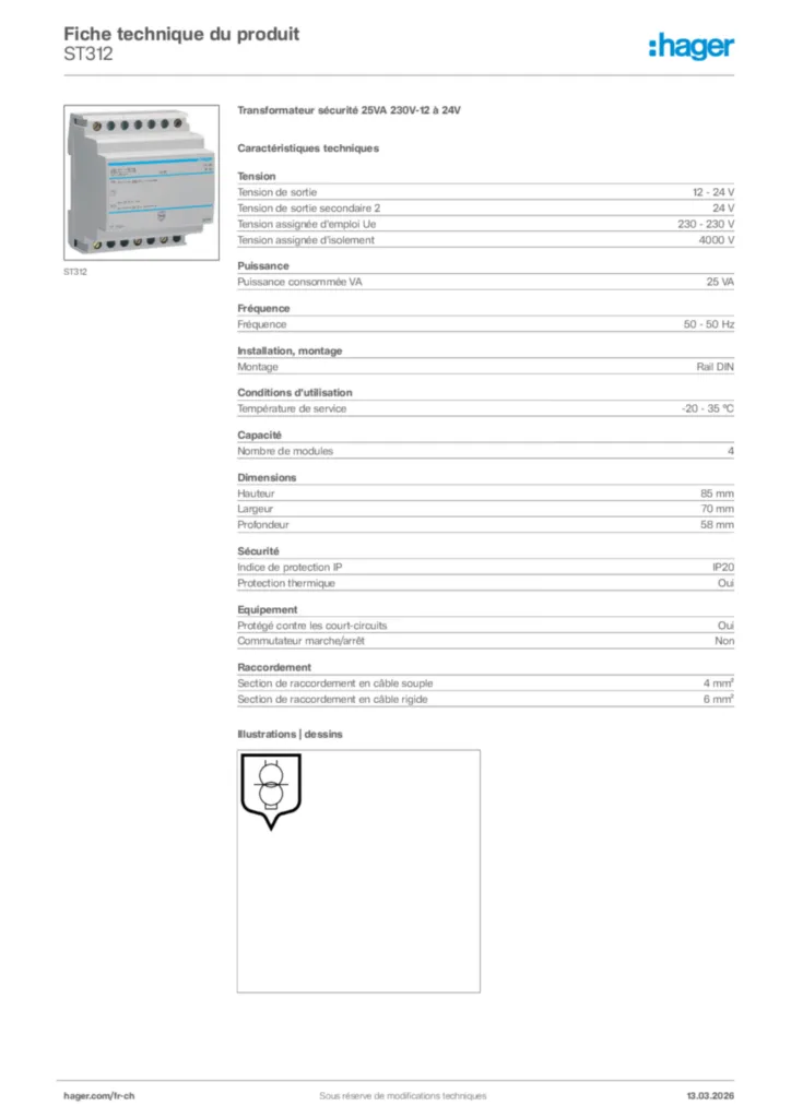 Image Hager Fiche technique du produit ST312 | Hager Suisse