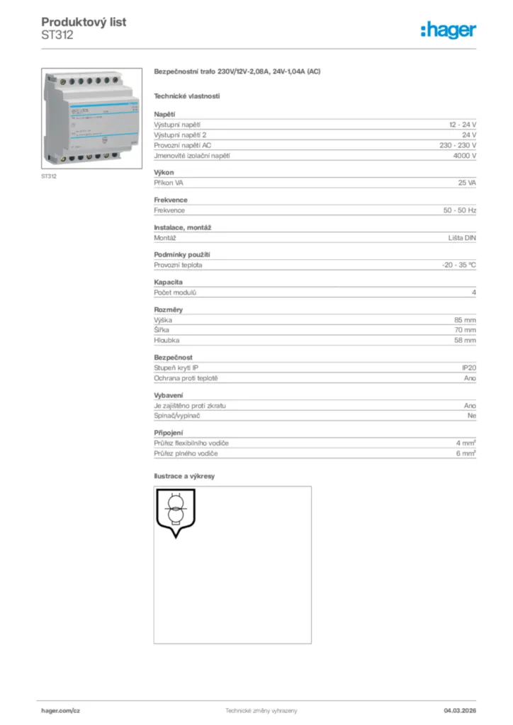 Obrázek Hager Product data sheet ST312 | Hager