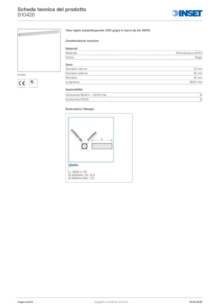 Immagine Inset Scheda tecnica del prodotto B10426 | Hager Italia