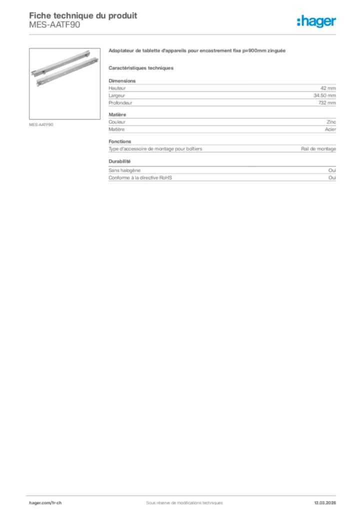 Image Hager Fiche technique du produit MES-AATF90 | Hager Suisse