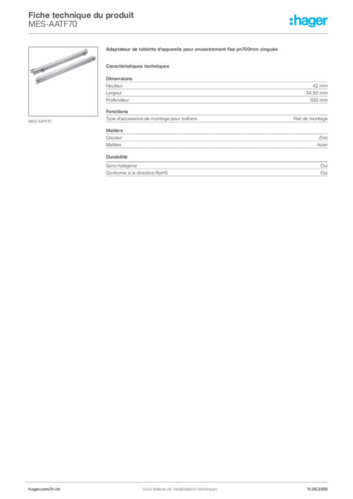 Image Hager Fiche technique du produit MES-AATF70 | Hager Suisse