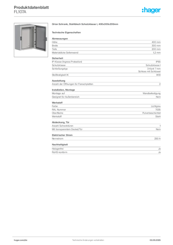 Hager Produktdatenblatt FL107A