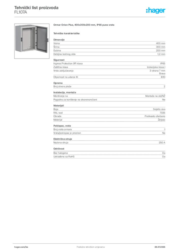 Slika Hager Product data sheet FL107A  | Hager