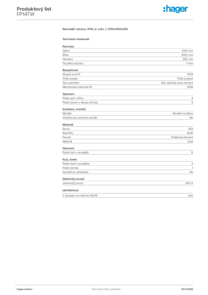 Obrázek Hager Produktový list FP14TW | Hager