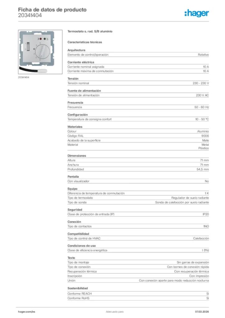 Imagen Hager Ficha de datos de producto 20341404 | Hager España