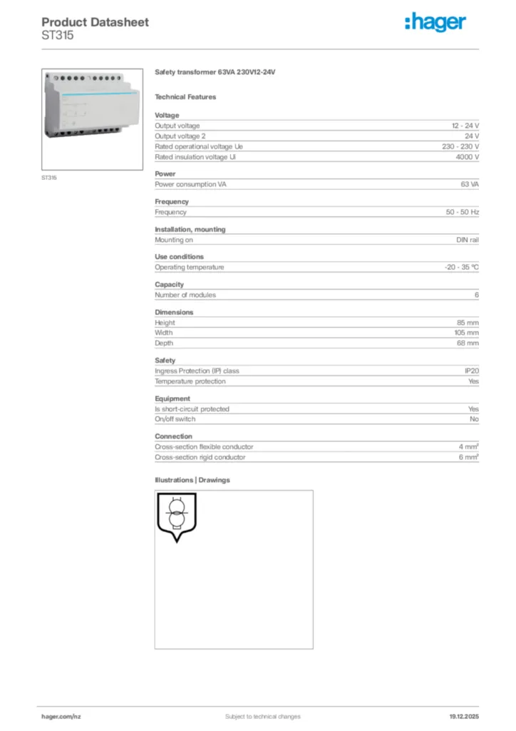 Image Hager Product data sheet ST315  | Hager New Zealand