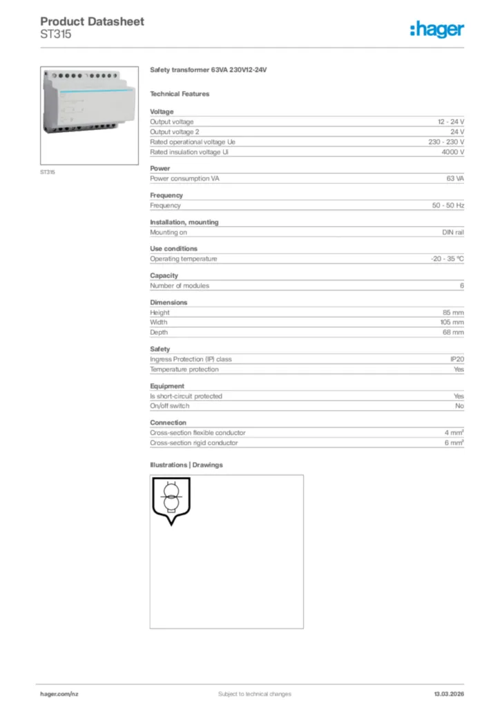 Image Hager Product data sheet ST315  | Hager New Zealand