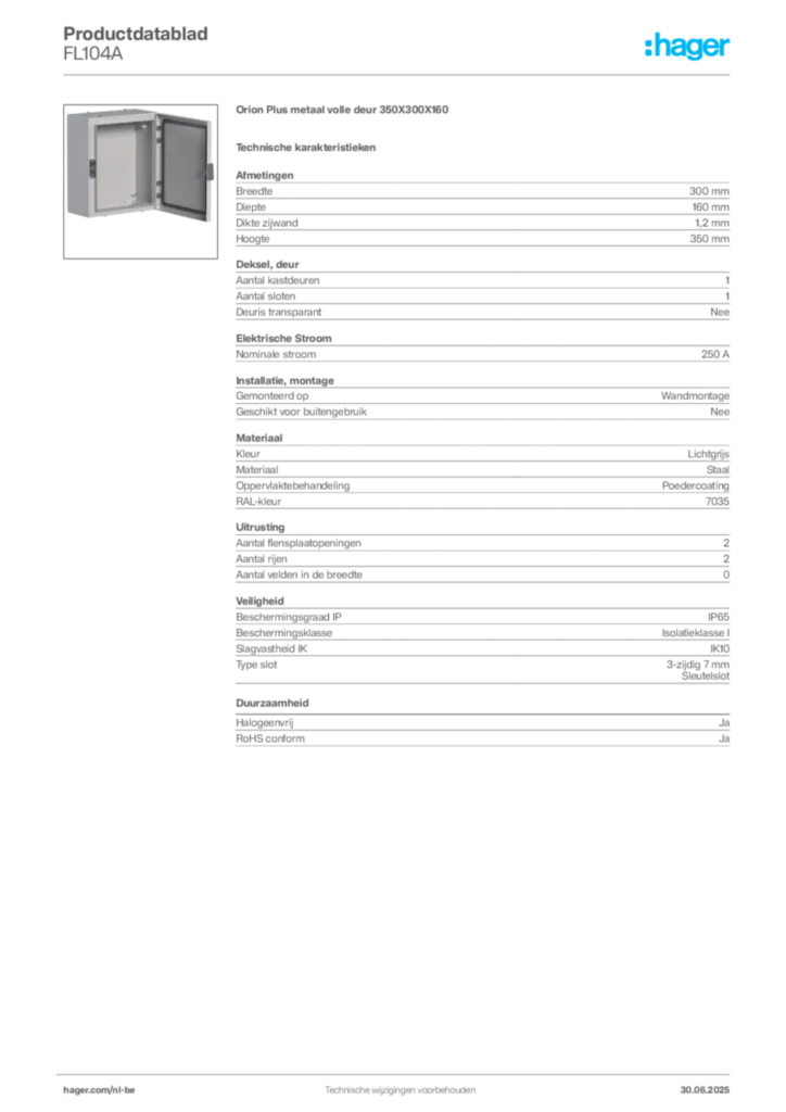 Afbeelding Hager Productdatablad FL104A | Hager Belgium