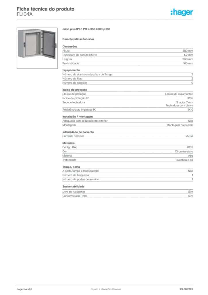 Imagem Hager Ficha técnica do produto FL104A | Hager Portugal