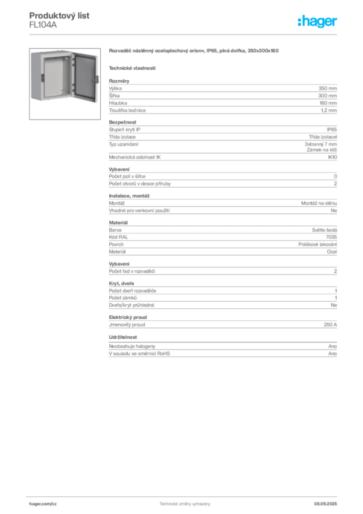 Obrázek Hager Produktový list FL104A | Hager