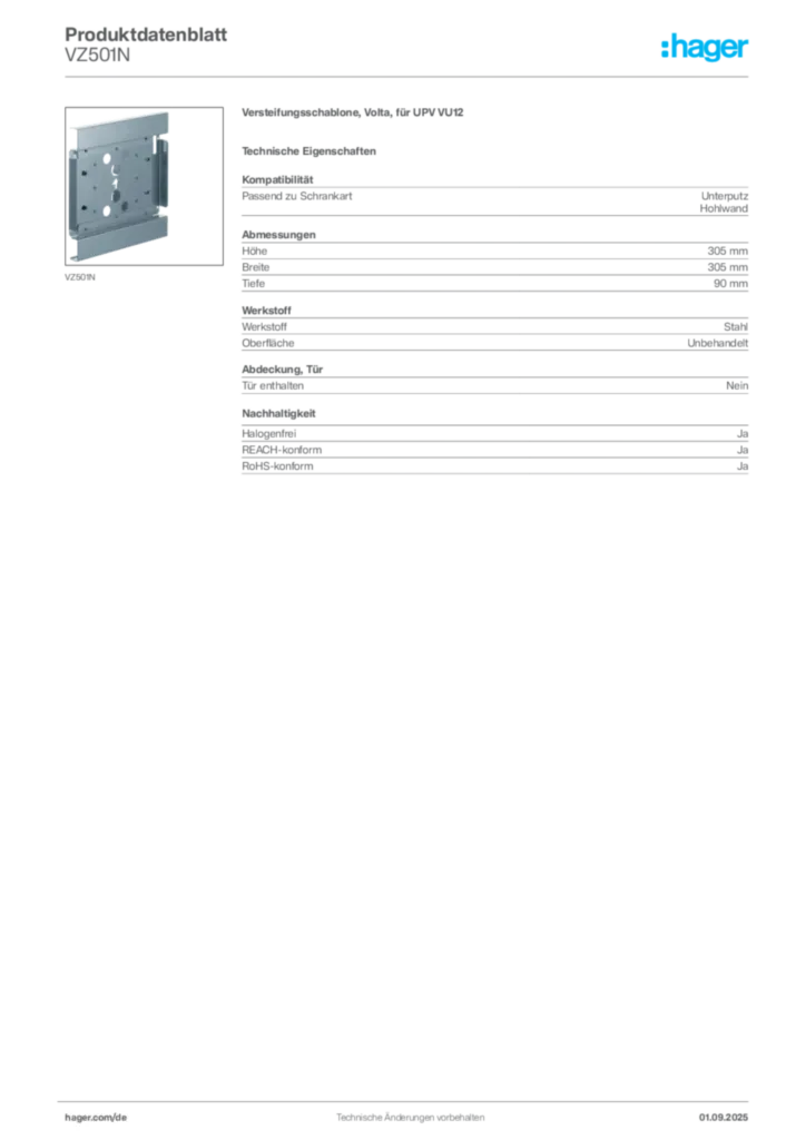 Hager Produktdatenblatt VZ501N