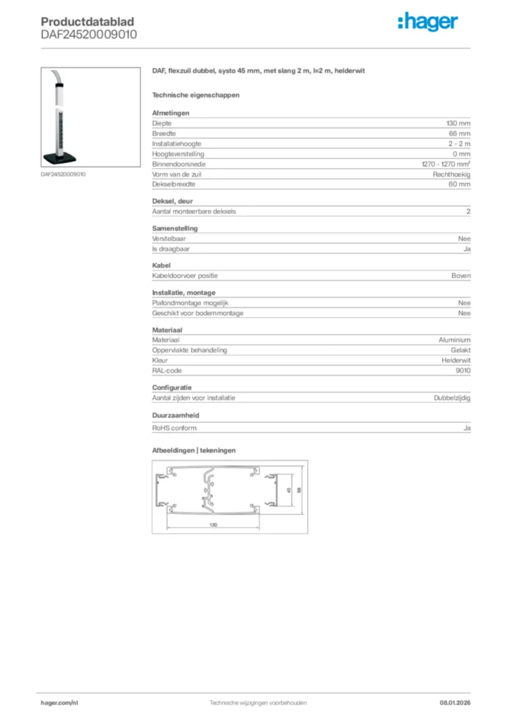 Afbeelding Hager Productdatablad DAF24520009010 | Hager Nederland