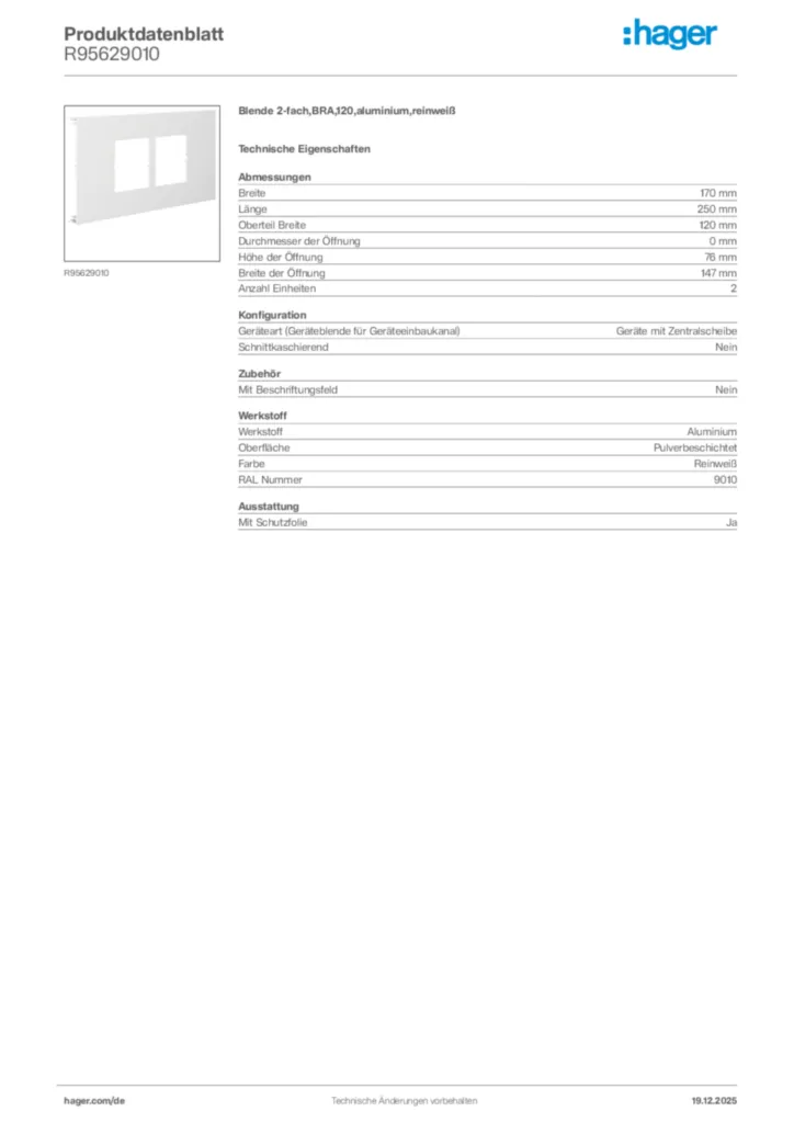 Bild Hager Produktdatenblatt R95629010 | Hager Deutschland