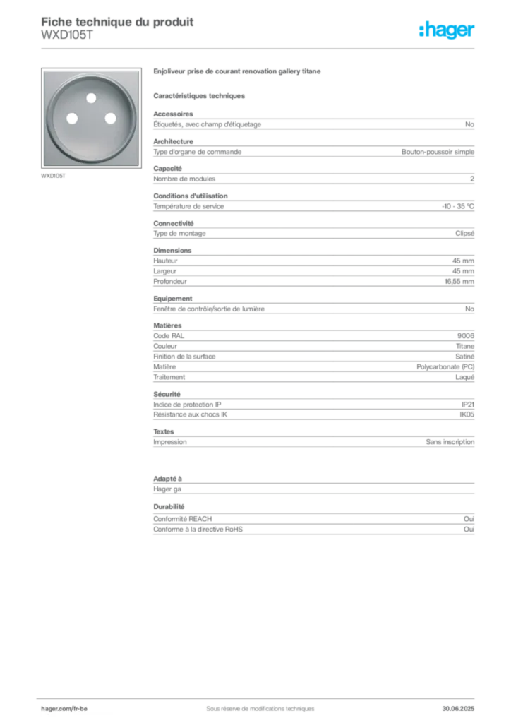 Image Hager Fiche technique du produit WXD105T | Hager Belgique