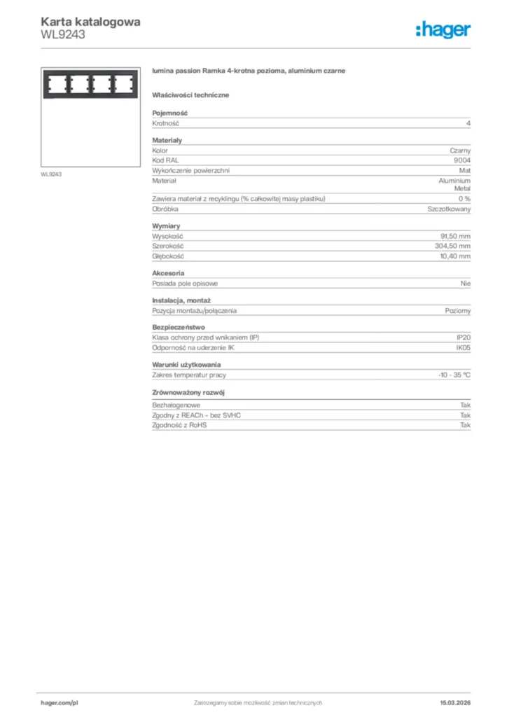 Zdjęcie Hager Karta katalogowa WL9243 | Hager Polska