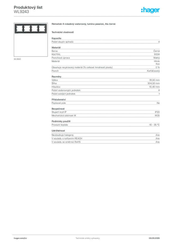 Obrázek Hager Produktový list WL9243 | Hager