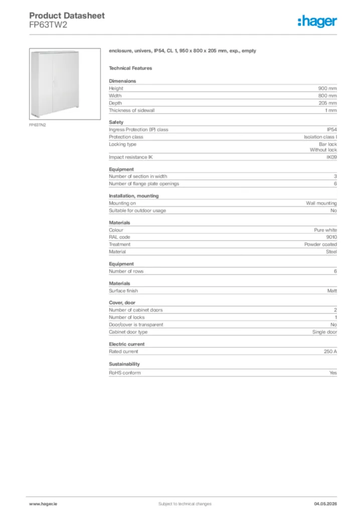 Image Hager Product data sheet FP63TW2  | Hager