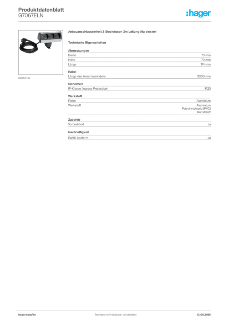 Bild Hager Produktdatenblatt G7067ELN | Hager Deutschland
