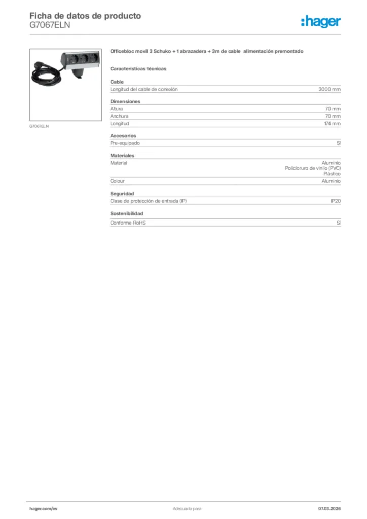 Imagen Hager Ficha de datos de producto G7067ELN | Hager España