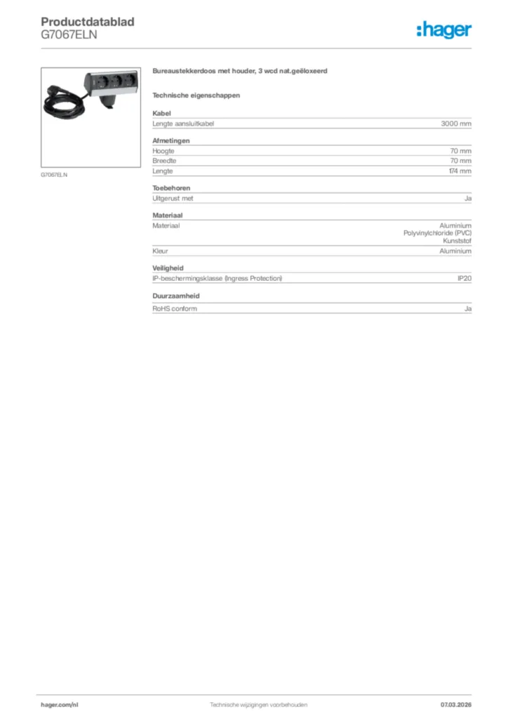 Afbeelding Hager Productdatablad G7067ELN | Hager Nederland
