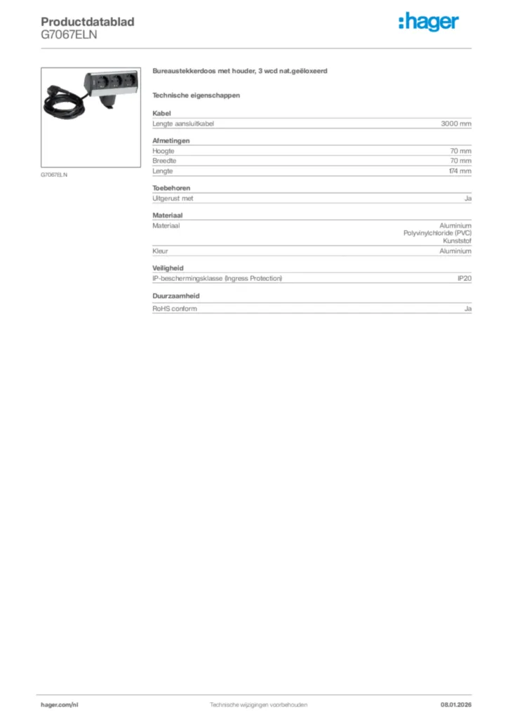 Afbeelding Hager Productdatablad G7067ELN | Hager Nederland