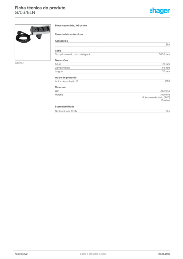 Imagem Hager Ficha técnica do produto G7067ELN | Hager Portugal
