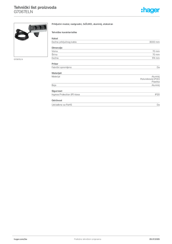 Slika Hager Product data sheet G7067ELN  | Hager