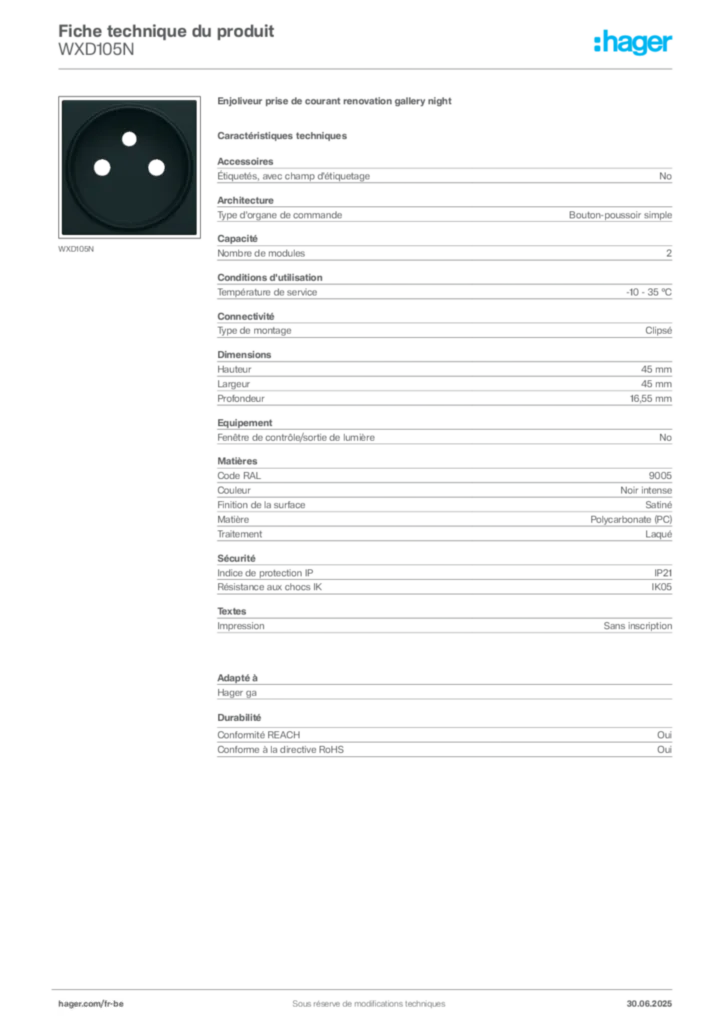 Image Hager Fiche technique du produit WXD105N | Hager Belgique
