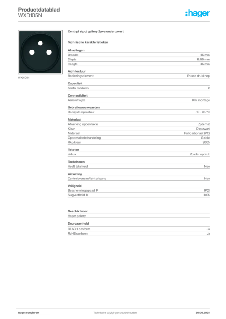 Afbeelding Hager Productdatablad WXD105N | Hager Belgium
