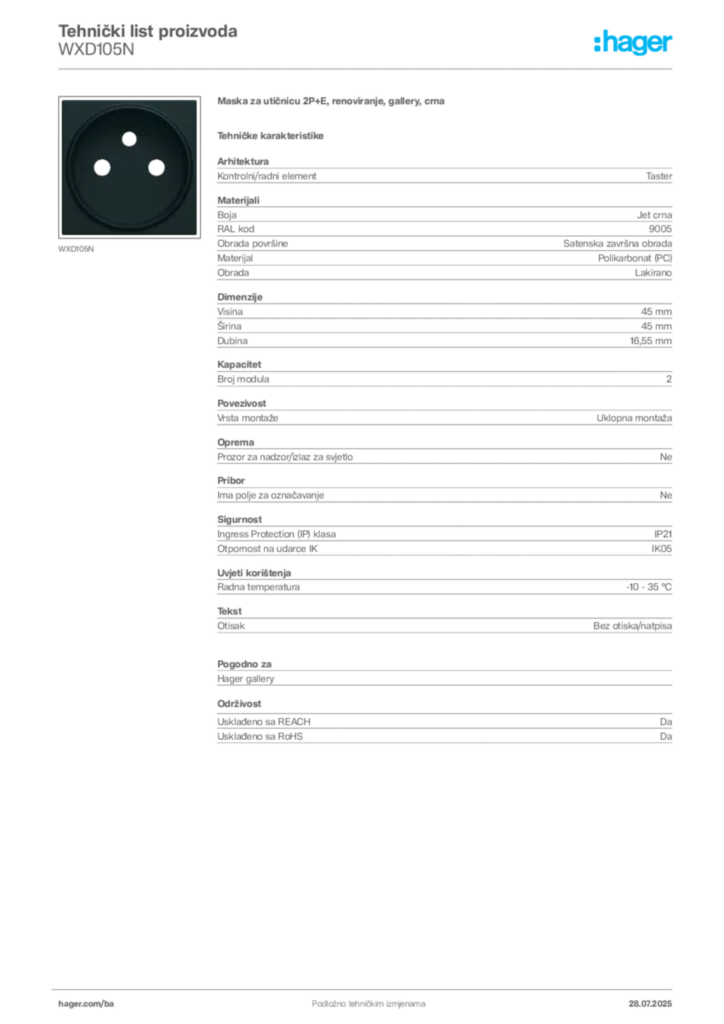 Slika Hager Product data sheet WXD105N  | Hager