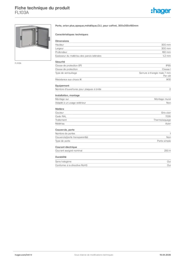 Image Hager Fiche technique du produit FL103A | Hager Afrique