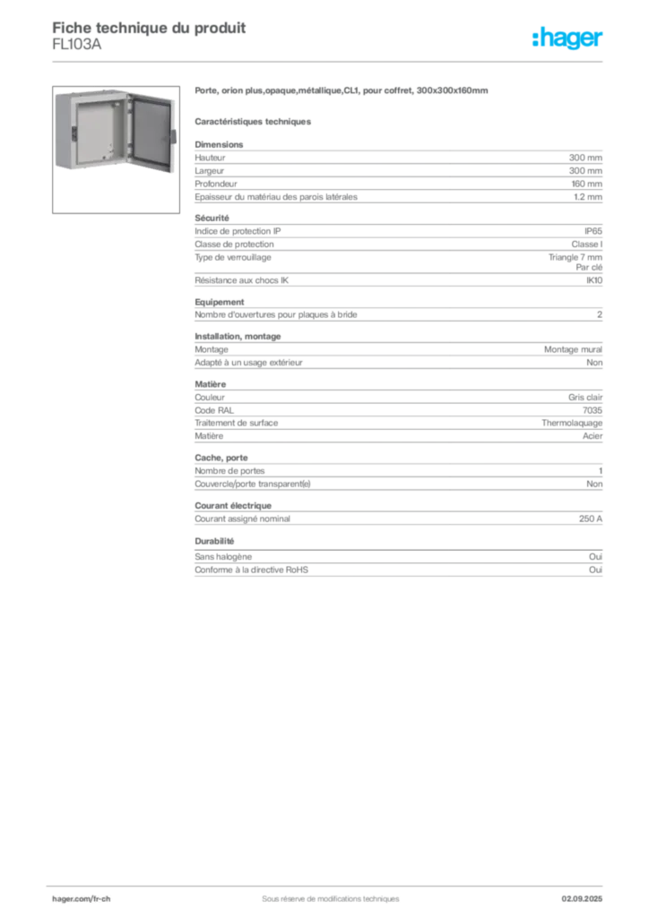 Image Hager Fiche technique du produit FL103A | Hager Suisse